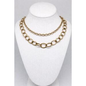 Gold Double Chain Necklace Toggle Clasp Silver Oval Accents 20”